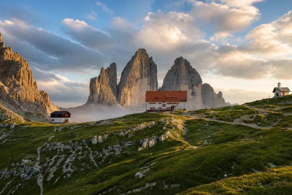 Tre Cime di Lavaredo o świcie, północne ściany, Rifugio Locatelli